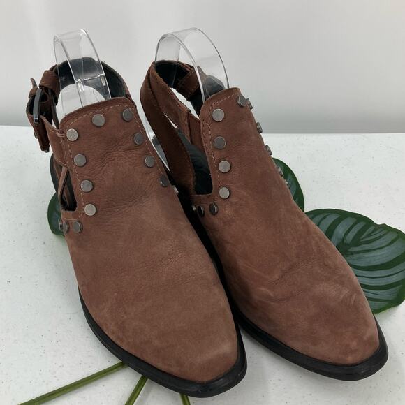 M4d3 Brown Silver Black Studded Leather Buckle Block Heel Alexa Bootie Boot Shoe - Picture 1 of 13